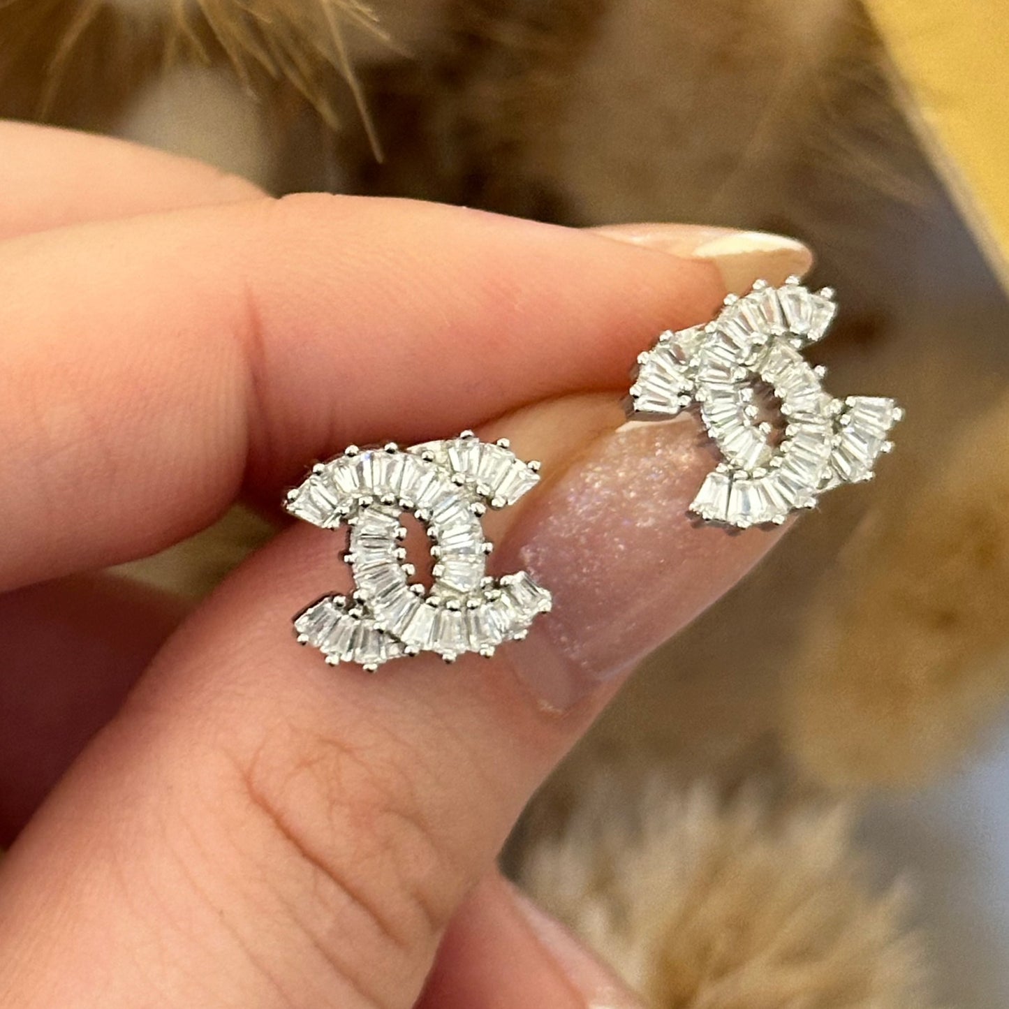 Inspiration Chanel Baguette-Cut Stud Earrings, Sterling Silver 925